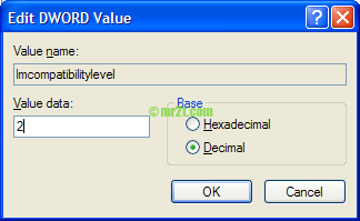 Registry Editor Window ( LmCompatibilityLevel = 2 )