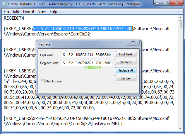 Notepad-Replace-Text-Oracle JInitiator 1.1.8.16 - Added Registry - HKEY_USERS - After Install