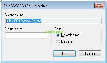 Edit Registry, Change AllowPPTPWeakCrypto to 1
