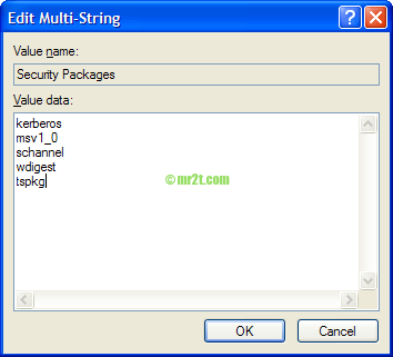 Registry Editor - Security Packages, add string "tspkg"
