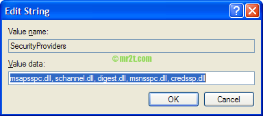 Registry Editor - SecurityProviders, add string ", credssp.dll"