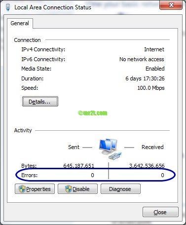 Local Area Connection Status with Errors Stats