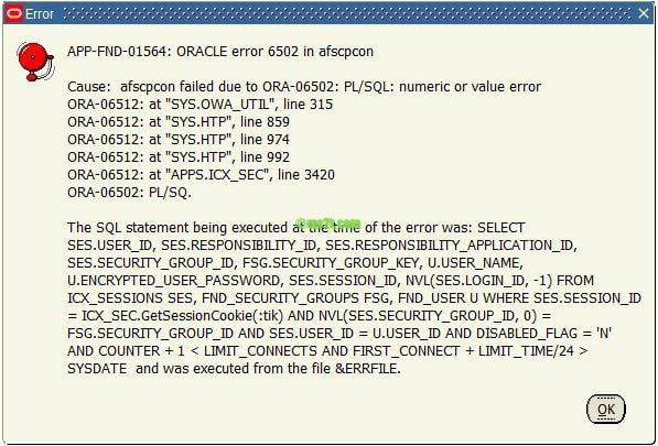 APP-FND-01564: ORACLE error 6502 in afscpcon on IE10