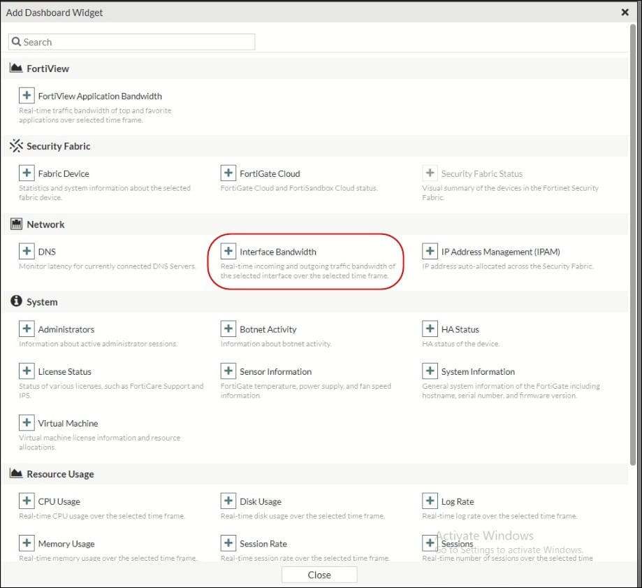 Fortigate 601E - Add Dashboard Widget -> Network -> Interface Bandwidth